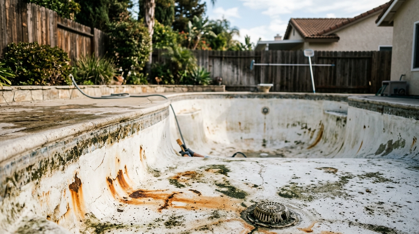 A Jacksonville pool being acid washed to remove staining and calcium buildup from plaster surfaces