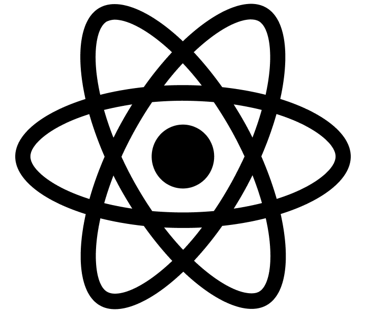 Black and white React logo with three overlapping elliptical orbits around a central circle.