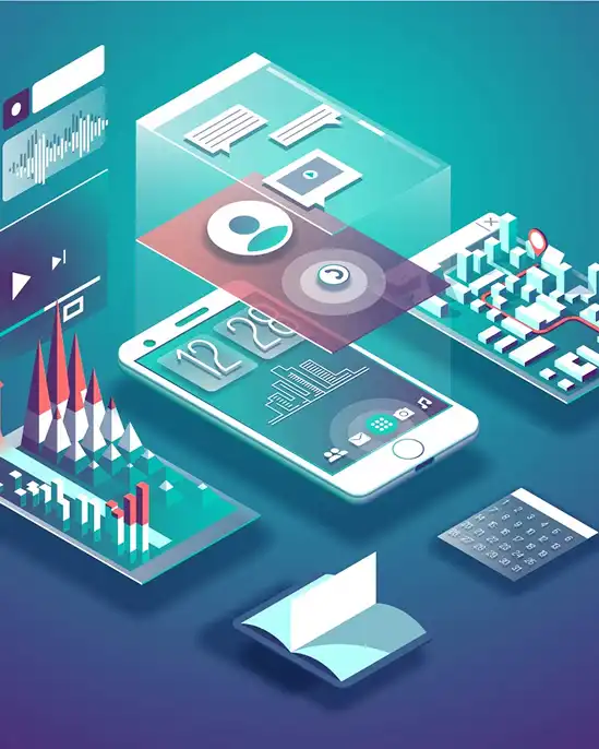 Isometric illustration of a smartphone surrounded by digital data charts, cityscape model, calendar, and open book representing technology and information flow.