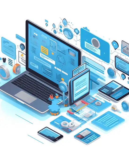 Isometric illustration of various digital devices including a laptop, tablet, and smartphone displaying data and interface elements, representing web application components and models.
