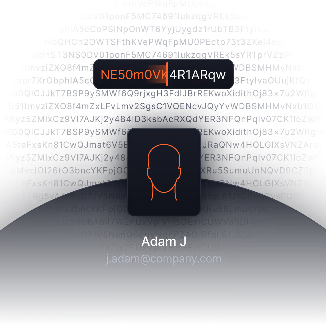 User profile card showing a placeholder silhouette, the name Adam J, the email j.adam@company.com, and a partially highlighted alphanumeric password above.
