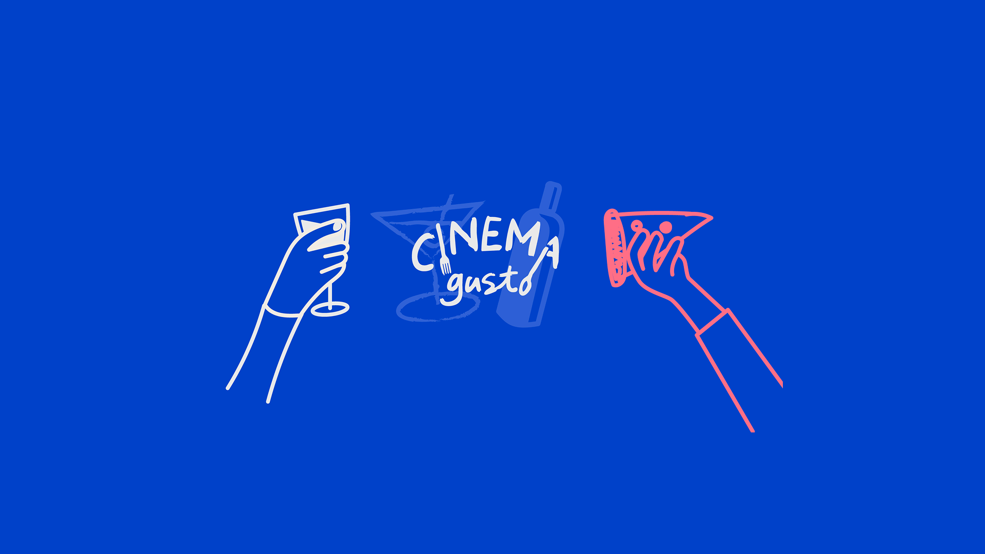 Illustration of two hands holding a wine glass and a pizza slice with the text 'CINEMA gusto' overlaid on a blue background.