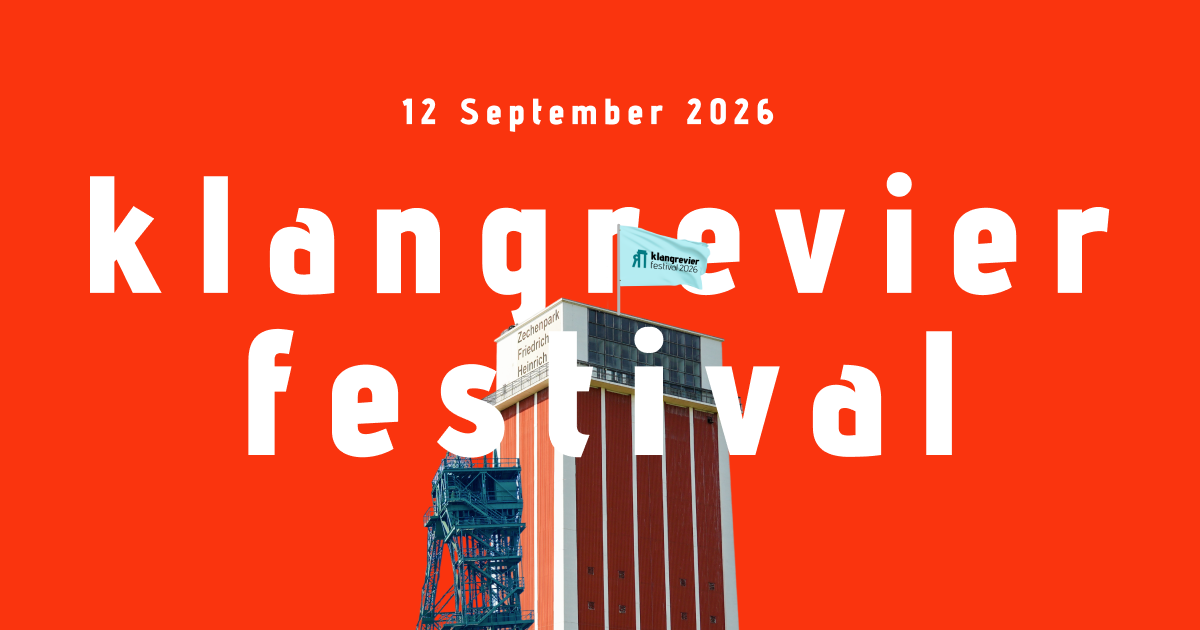 Red and white industrial building with a blue flag reading 'klangrevier festival 2026' against a bright red background with text '12 September 2026' and 'klangrevier festival'.