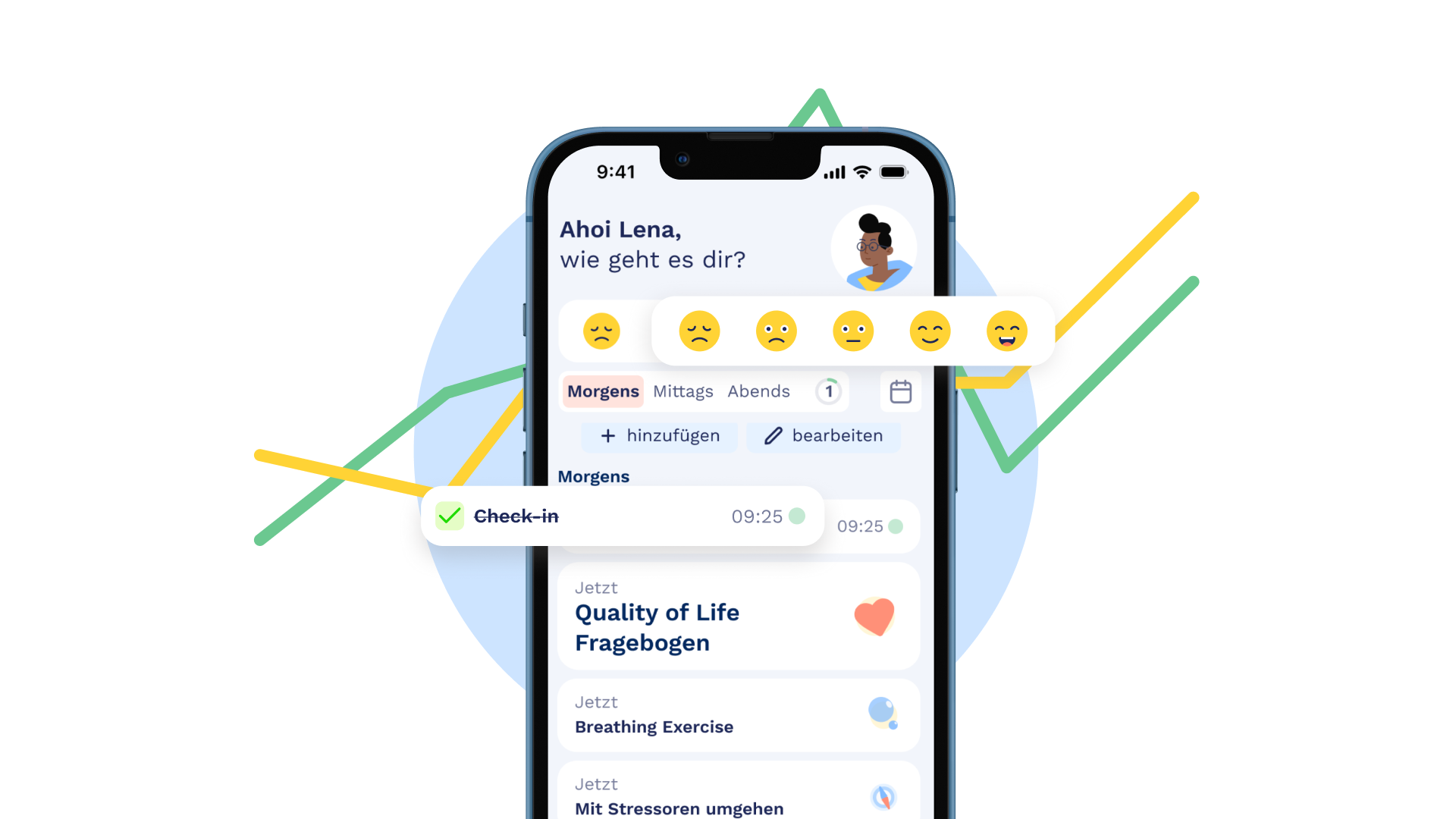 Smartphone screen showing the Fimo Health App asking 'Ahoi Lena, wie geht es dir?' with mood emojis, morning check-in marked complete, and tasks.