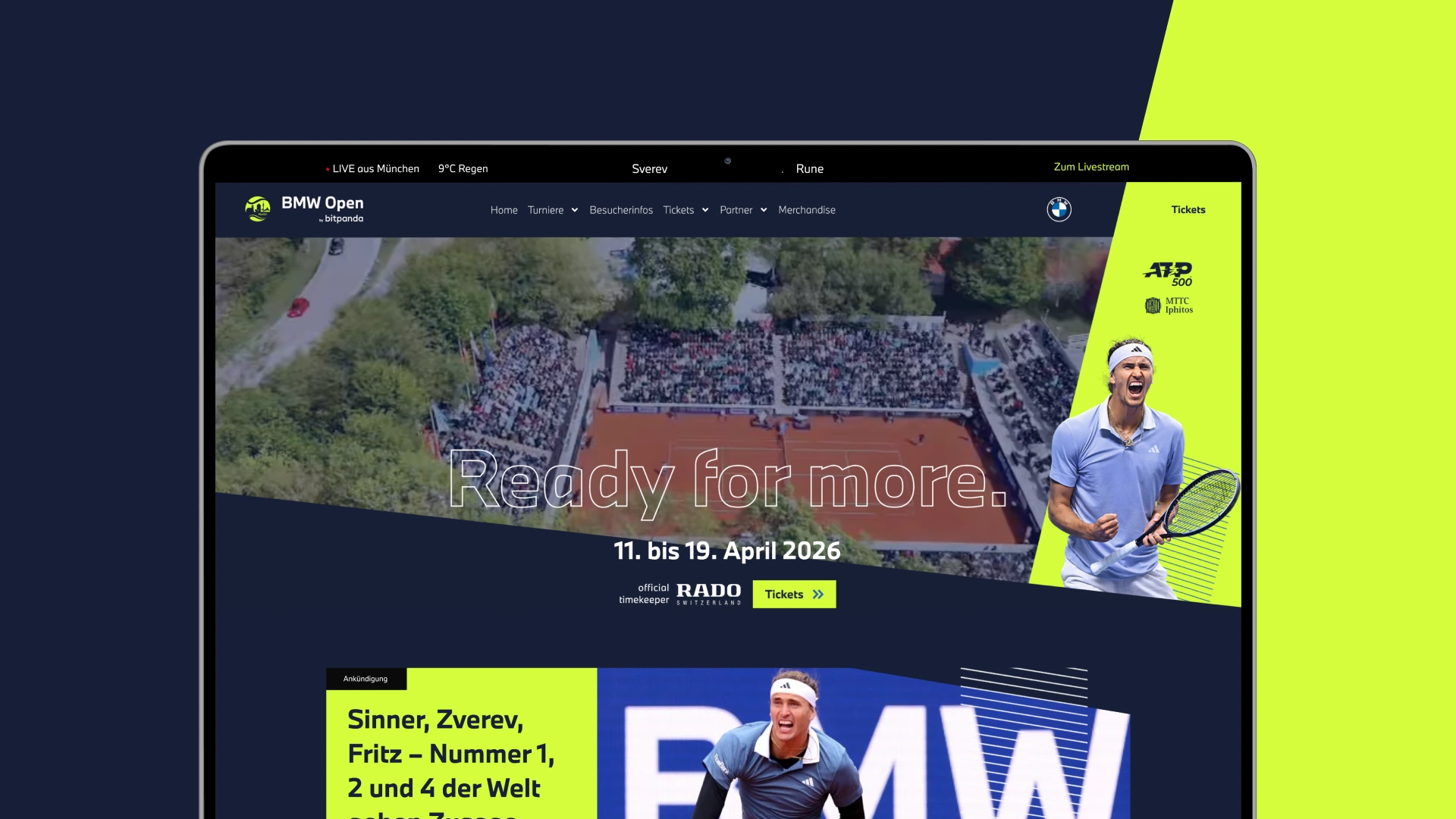 Screenshot of the BMW Open tennis tournament website showing a clay court with spectators, event dates April 11-19, 2026, and images of tennis players celebrating.