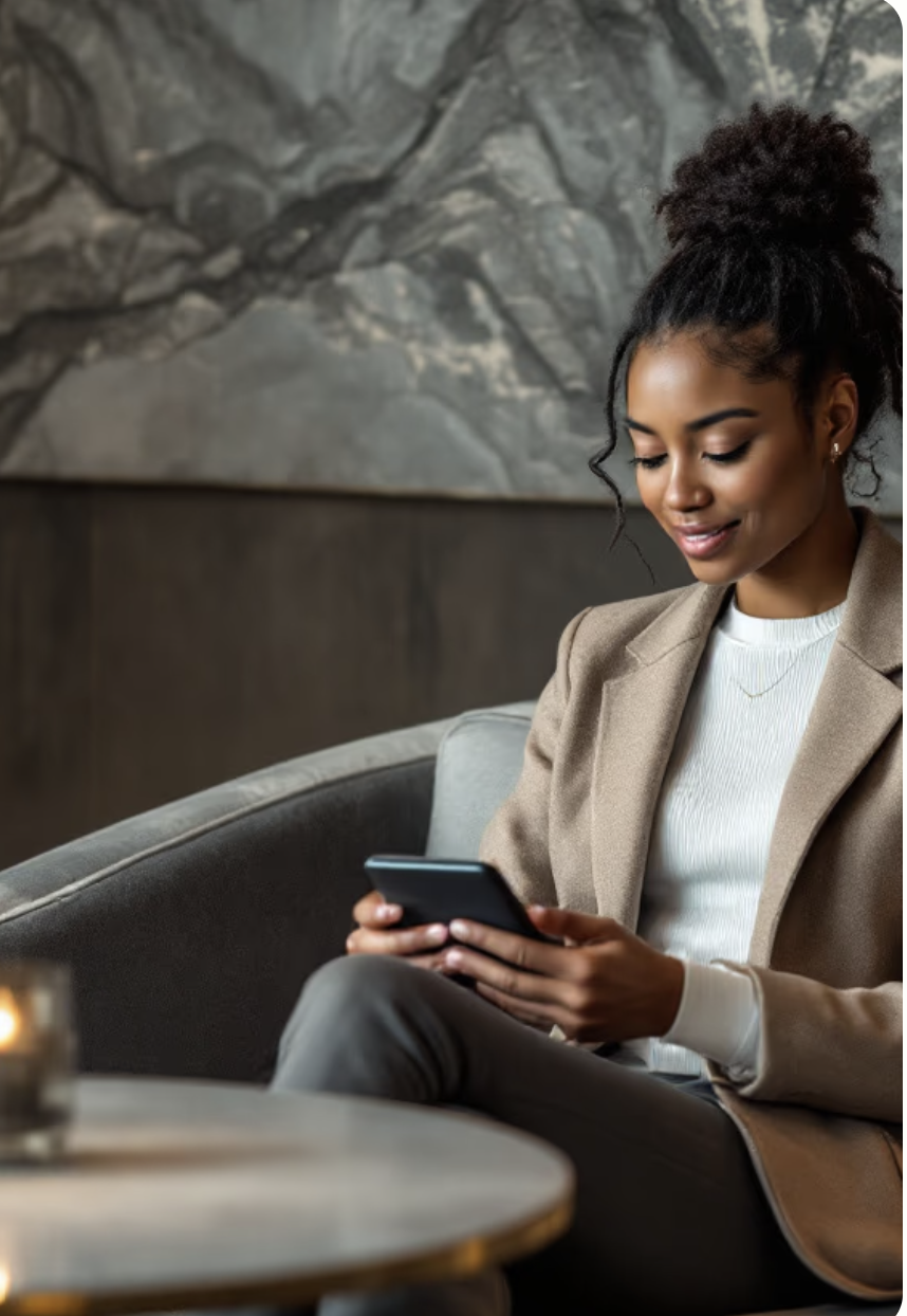 Smiling woman with curly hair in a bun, wearing a beige blazer and white shirt, sitting on a gray couch and using a smartphone.