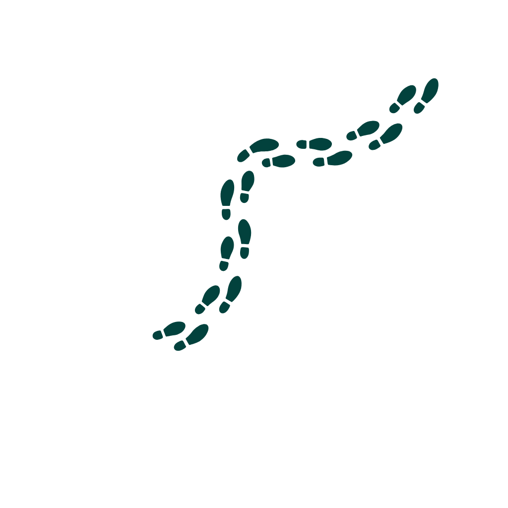 Curved footprints indicating a walking path on a white background.