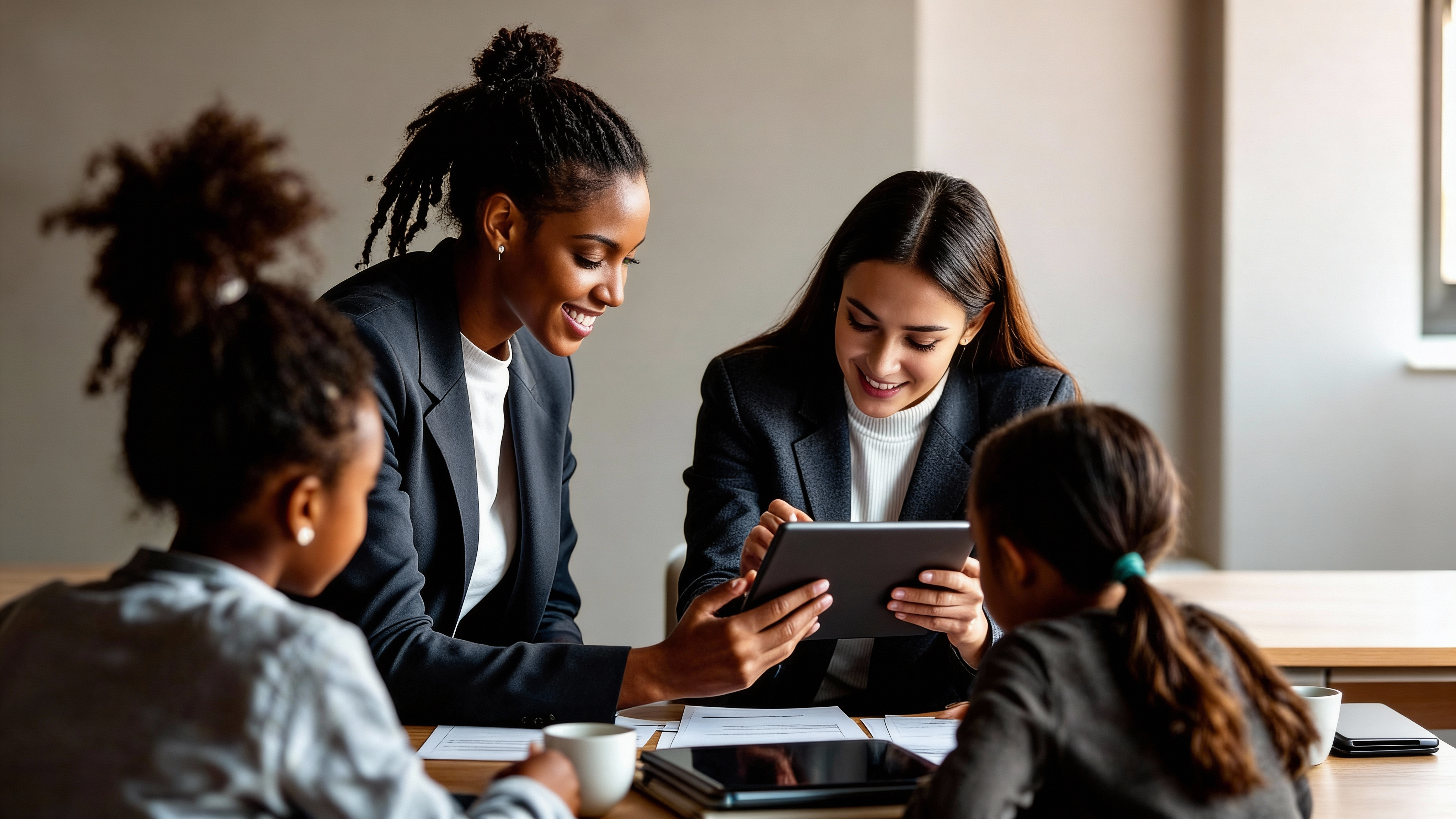 Two women smiling and looking at a tablet while two children watch at a table with documents and cups.