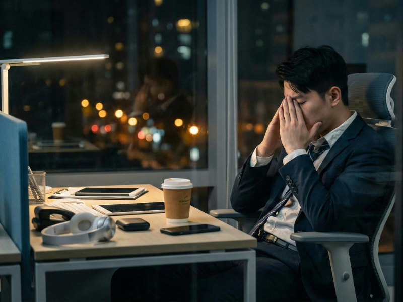 Tired young businessman sitting at desk in office at night with hands covering his face.