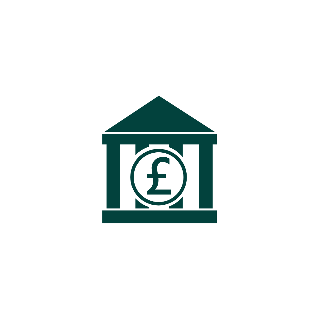 Bank building icon with a British pound currency symbol in the center.