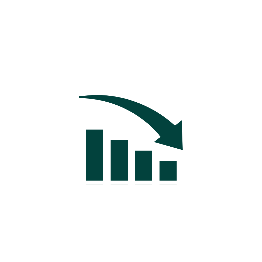 Bar chart with descending bars and a curved arrow pointing downwards indicating decline.
