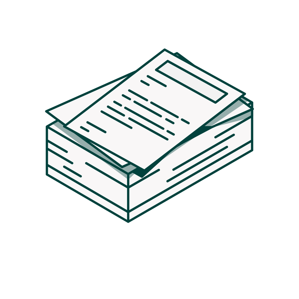 Stack of printed papers with one sheet partially placed on top showing lines of text.