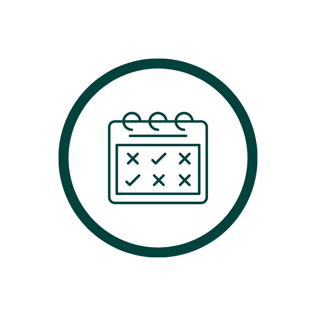 Calendar icon with check marks and X marks on various dates within a dark green circular border.