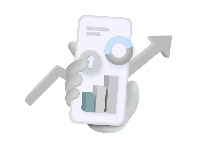 3D illustration of a hand holding a smartphone displaying rising bar and pie charts with an upward arrow in the background indicating growth.