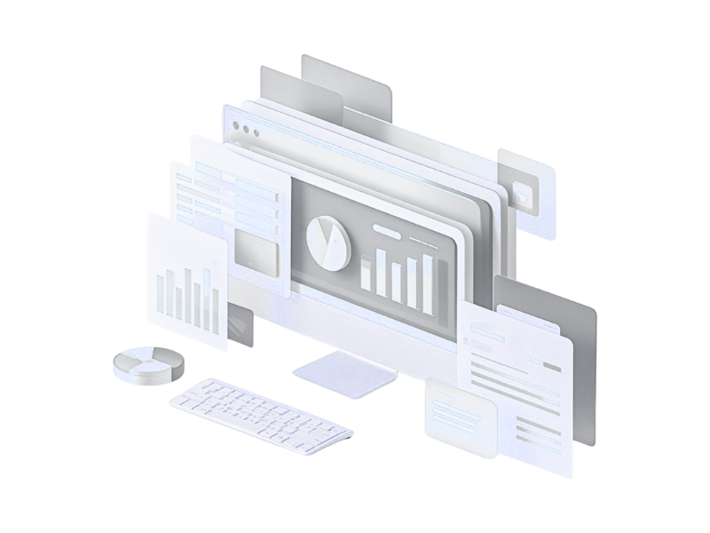 3D illustration of a computer monitor surrounded by floating data charts, files, and a keyboard, representing data analysis or digital workspace.
