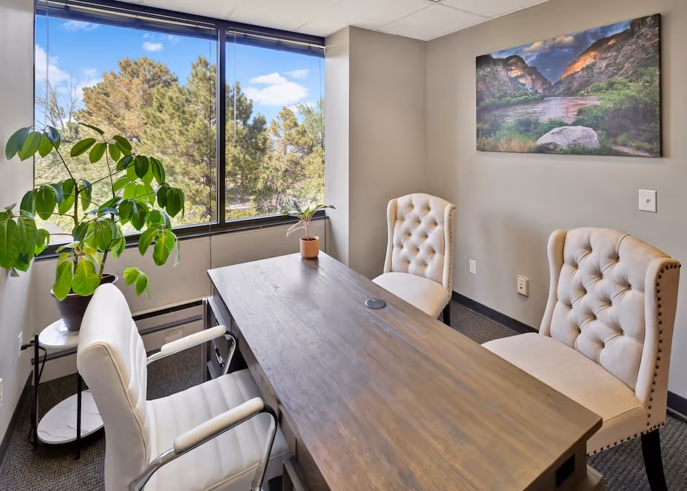 Small office with a wooden table, three upholstered chairs, indoor plants, and a large window showing green trees outside.