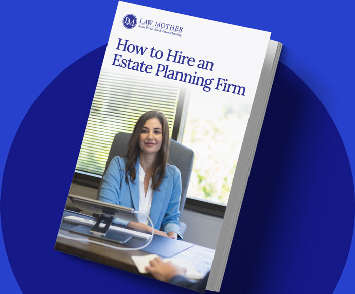 Alt text: "Law Mother guide titled 'How to Hire an Estate Planning Firm' showing Pamela Garrett at her desk on the cover