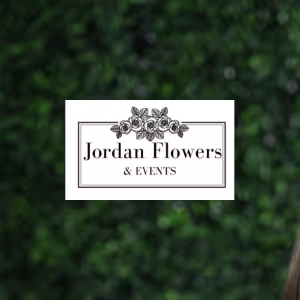 Jordan Flowers & Events logo with floral illustration above the text on a green leafy background.