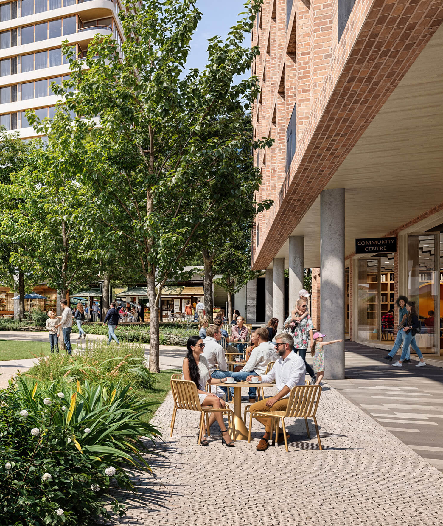 Render of the proposed TOGA Five Dock development featuring people relaxing in a green public area surrounded by trees and buildings.