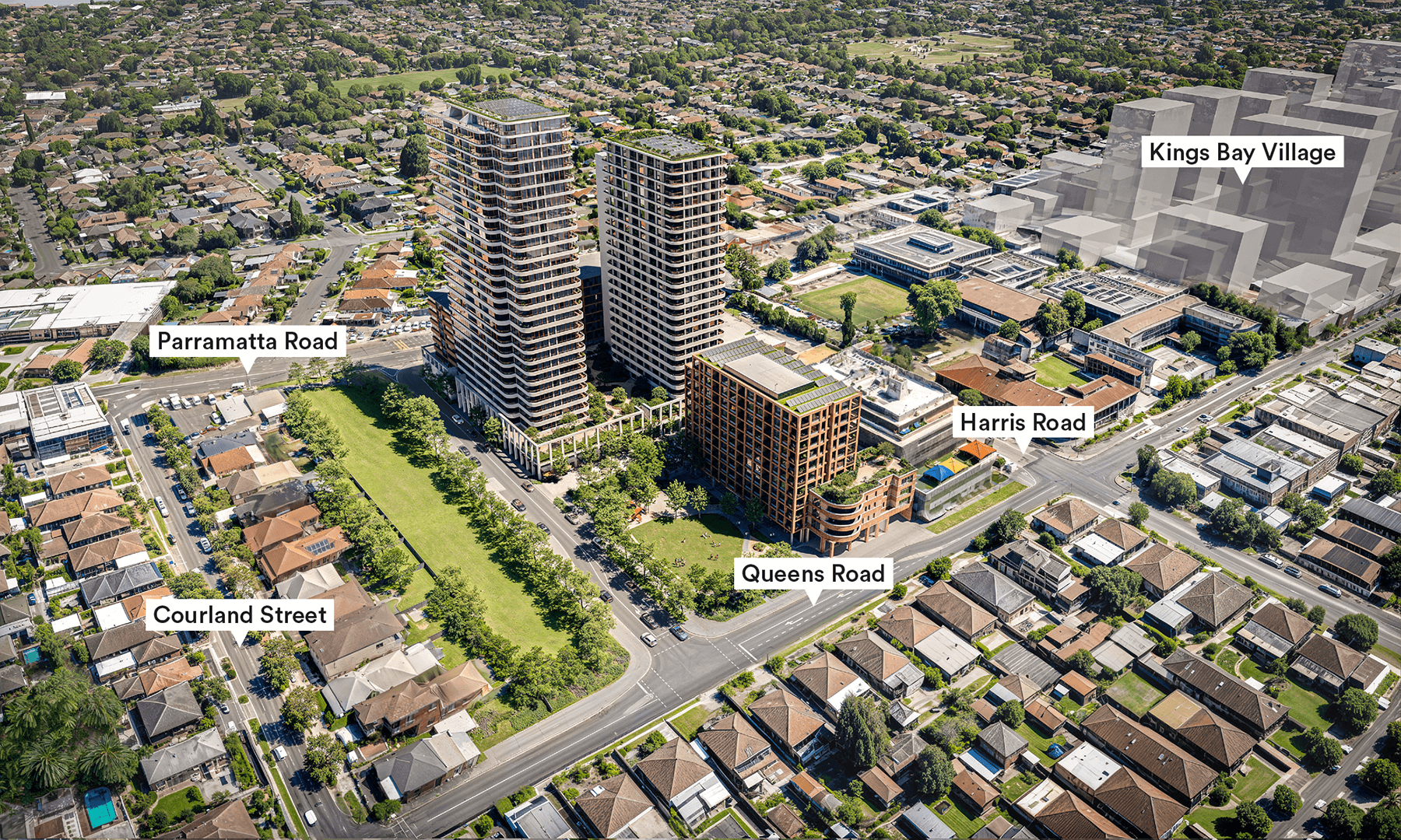 Aerial render of the proposed TOGA Five Dock development surrounded by residential streets.