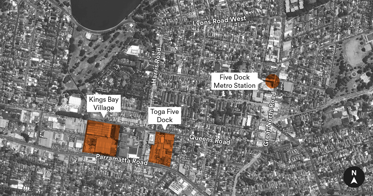 Map showing the site boundary of the proposed TOGA Five Dock village, Kings Bay Village and Five Dock Metro Station.