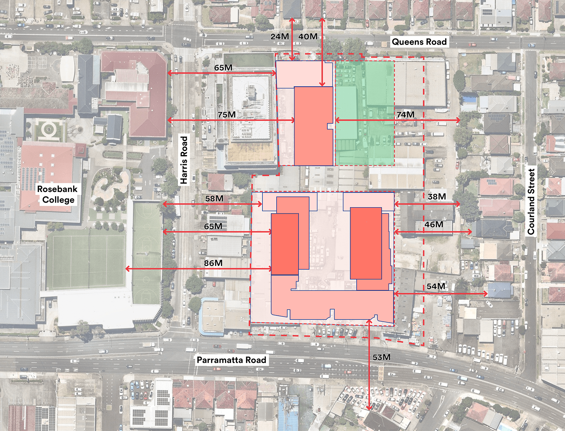 Proposed plan showing distances from neighbouring buildings