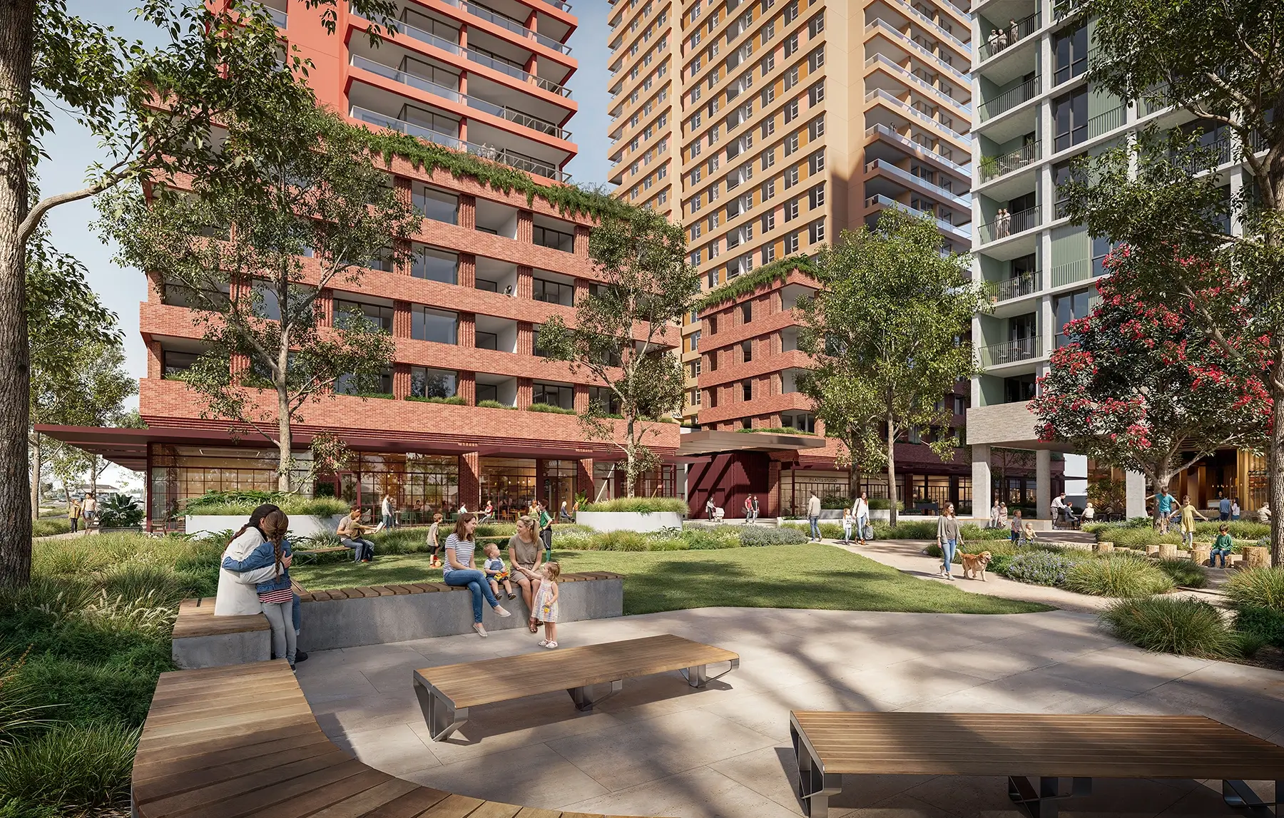 Render of TOGA Five Dock development's proposed pedestrian link showing people walking and seated