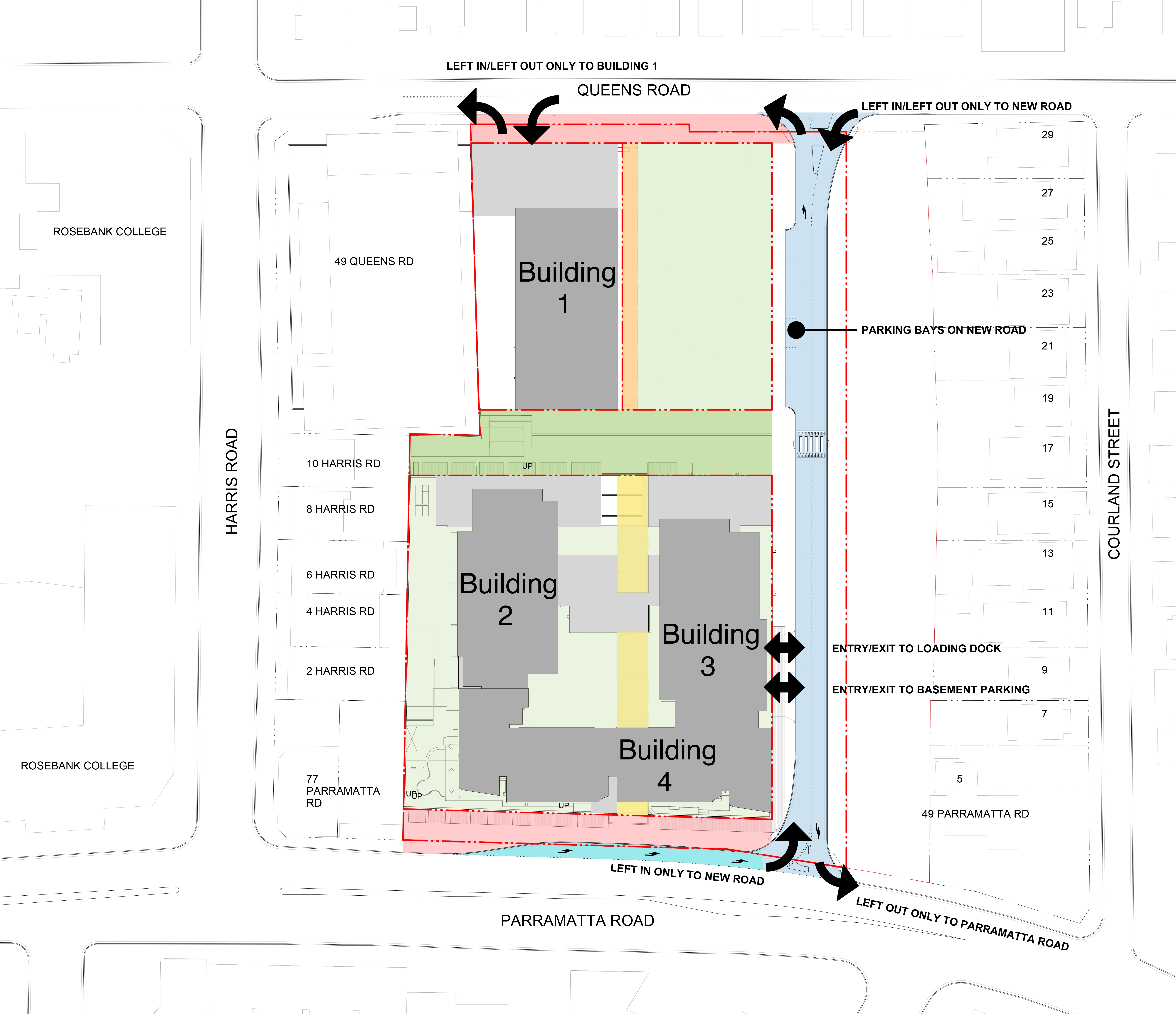 Diagram showing TOGA Five Dock development's proposed new parking, traffic and pedestrian arrangements