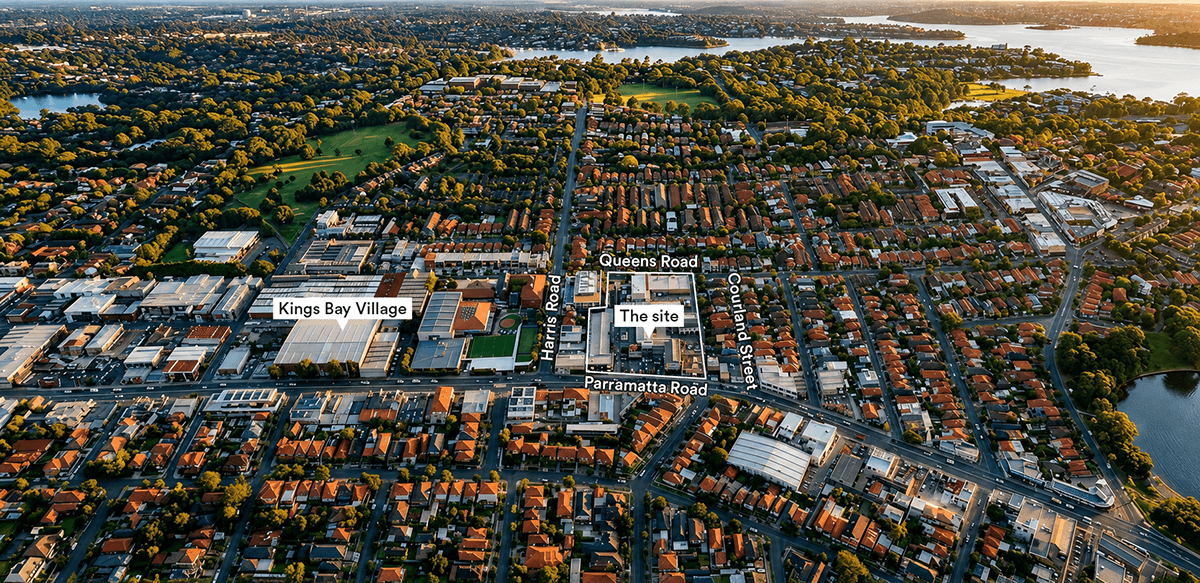 Aerial view of proposed site showing Queens Road, Parramatta Road, Harris Road and Courland Street.