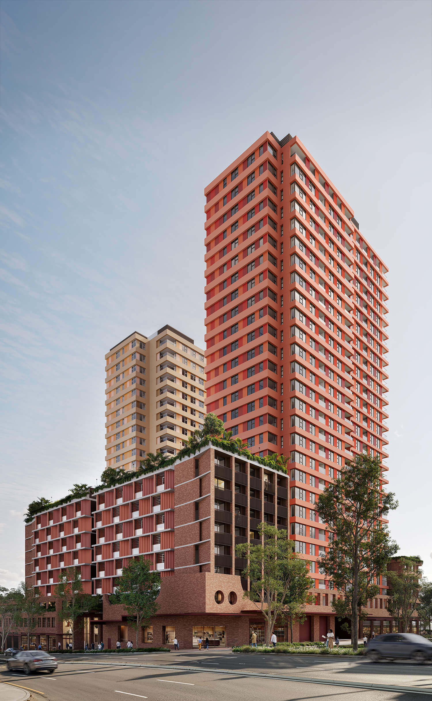 Render of the proposed TOGA Five Dock development showing view from Parramatta Road looking north-west