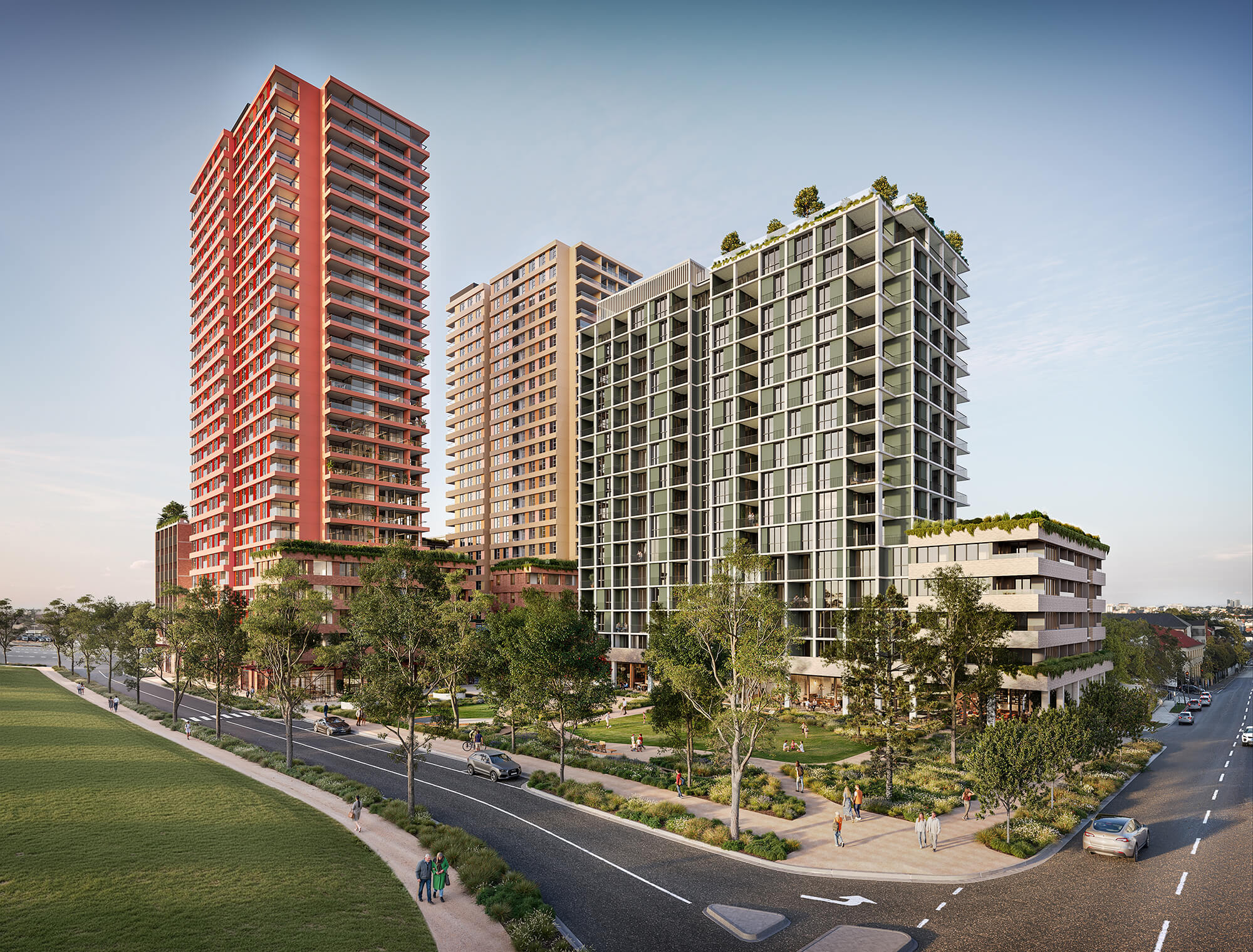 Render of the proposed TOGA Five Dock development showing public park and new internal road connecting Parramatta Road and Queens Road
