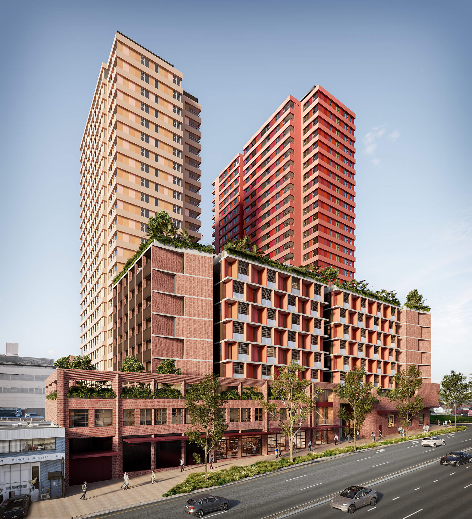 Render of the proposed TOGA Five Dock development showing view from Parramatta Road looking north-east