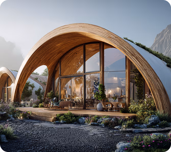 Modern wooden arch cabin with large glass windows surrounded by greenery and mountain backdrop.