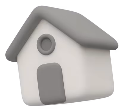 3D icon of a simple white house with a gray roof, round window, and door.
