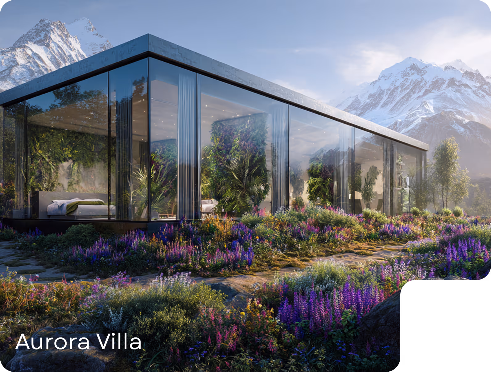 Modern glass-walled villa named Aurora Villa surrounded by vibrant wildflowers with snow-capped mountains in the background.