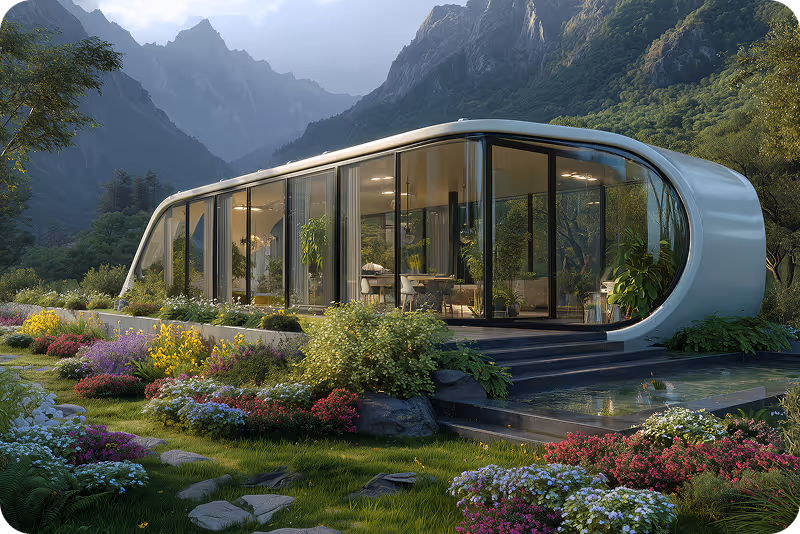 Modern glass house with curved design surrounded by colorful flowers and greenery, set against a mountainous backdrop.