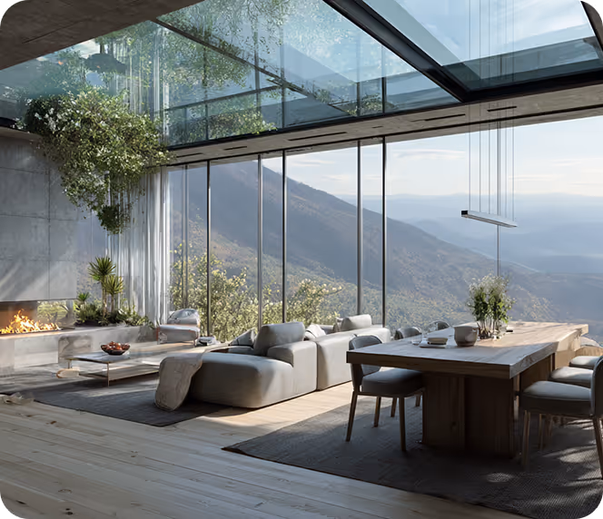 Modern living room with large glass windows showing mountain views, featuring a wooden dining table, gray sofas, indoor plants, and a fireplace.