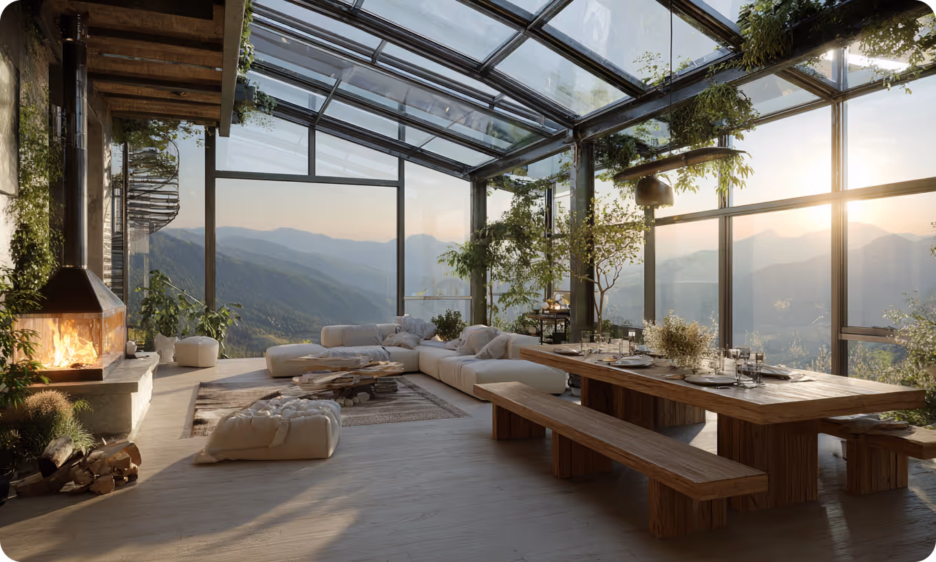 Spacious sunlit living and dining area with large glass windows overlooking mountain views, featuring a cozy fireplace, plush seating, a wooden dining table, and green plants.