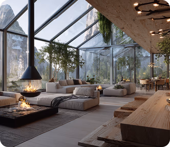 Modern living room with large glass windows showing mountain views, beige sofas, a hanging fireplace, and wooden dining area.