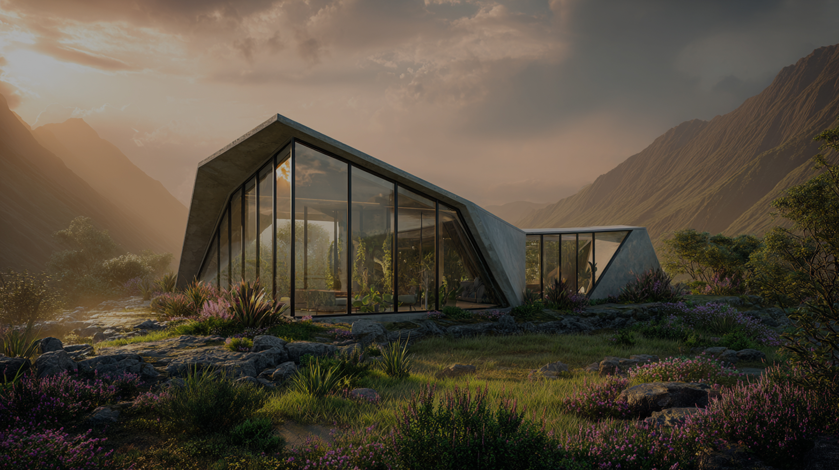 Modern glass and concrete house in a mountainous landscape at sunset with surrounding greenery and purple flowers.