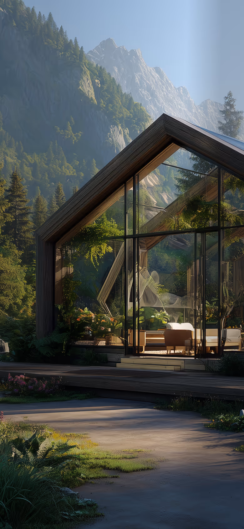 Modern glass cabin with wooden frame nestled in a lush mountain forest under clear sky.