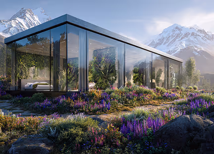 Modern glass house surrounded by vibrant purple flowers with snow-capped mountains in the background under a clear sky.