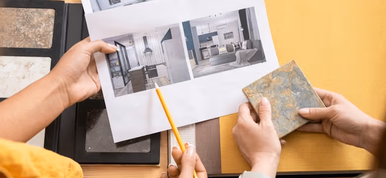 Two people reviewing interior design photos and comparing a stone tile sample for home renovation.