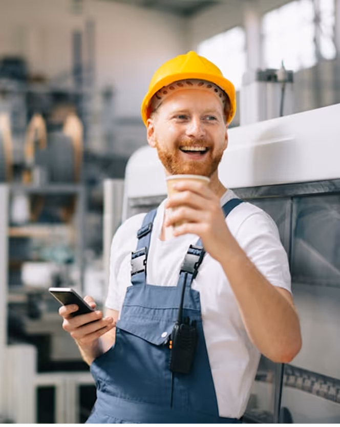 Smiling male worker in a yellow hard hat and blue overalls holding a smartphone and a coffee cup in an industrial setting.