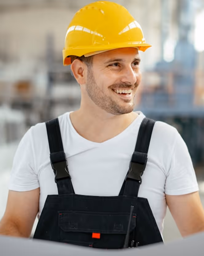 Smiling construction worker wearing a yellow hard hat and black overalls over a white shirt.