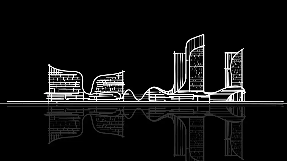White architectural line drawing of a modern building complex with curved and tall elements reflected on a black surface.