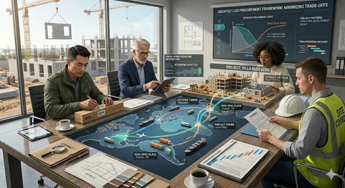 Four professionals reviewing a construction project using a digital map table and 3D model with supply chain and timeline data displayed around.