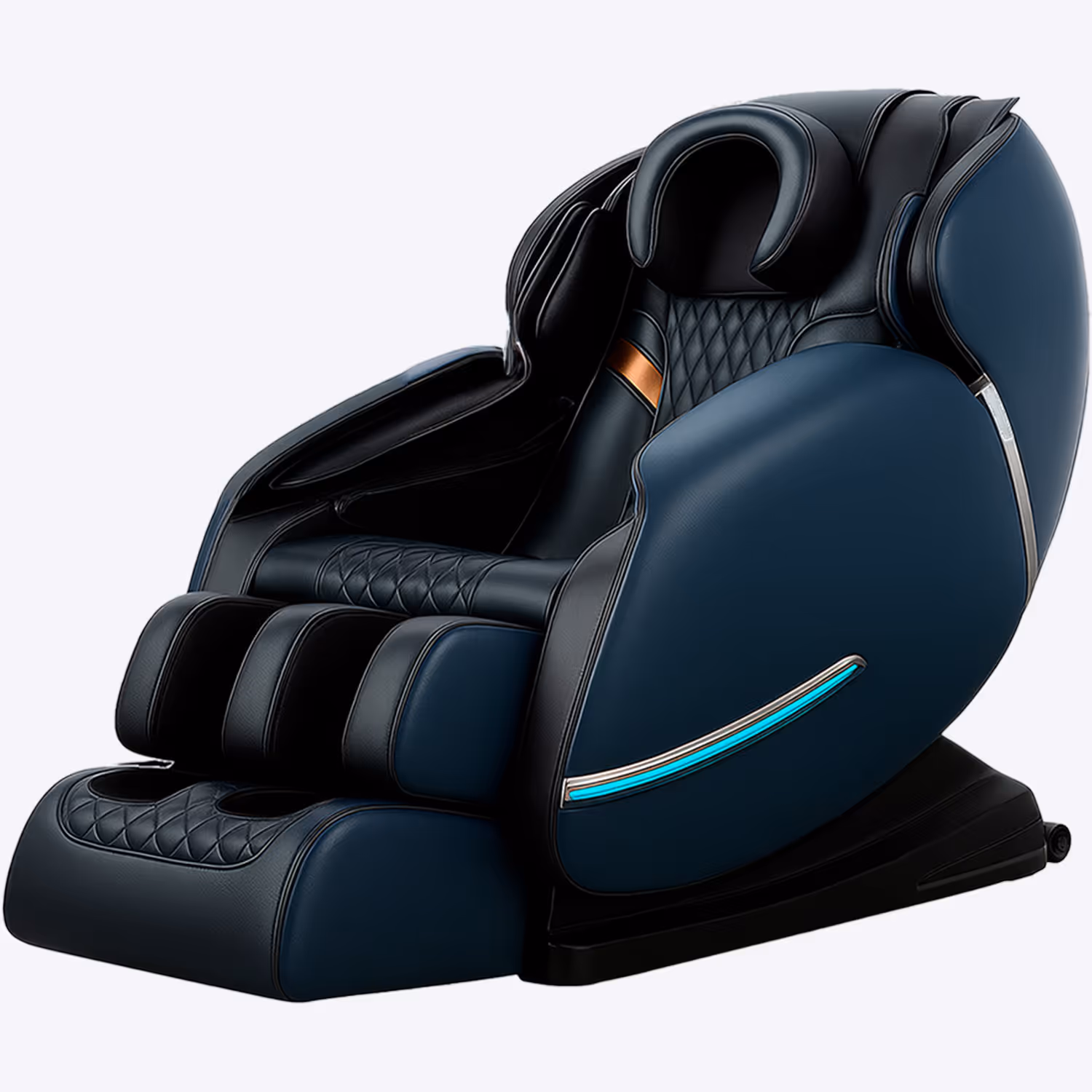 Modern black and blue massage chair with padded armrests, leg rests, and a headrest on a white background.