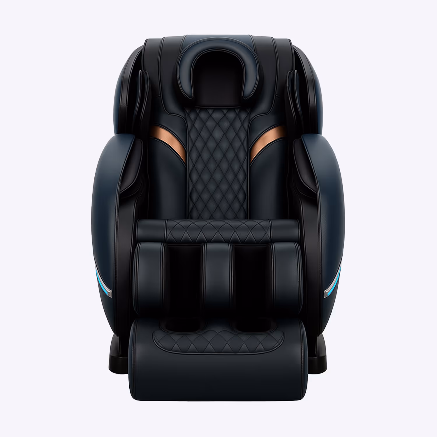 Front view of a black leather massage chair with quilted backrest and padded armrests.