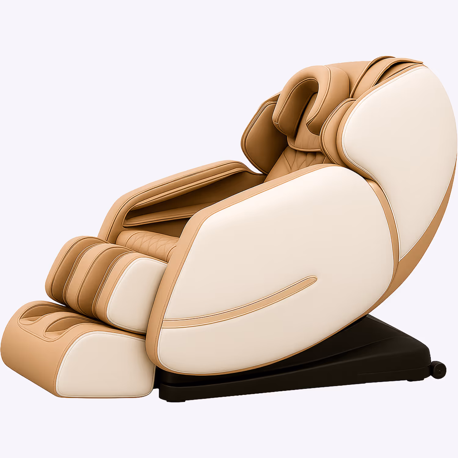 Modern beige and cream massage chair with padded leg and arm rests on a black base.